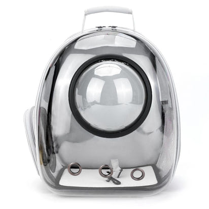 Clear pet carrier with a spherical front window on a white background