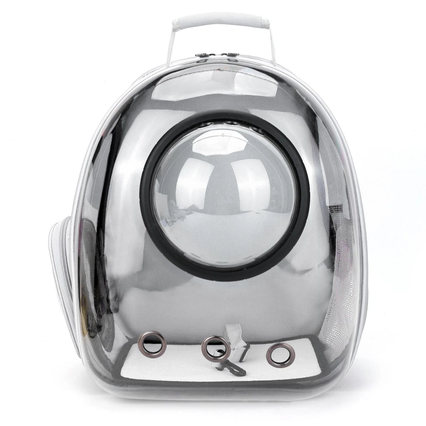 Clear pet carrier with a spherical front window on a white background