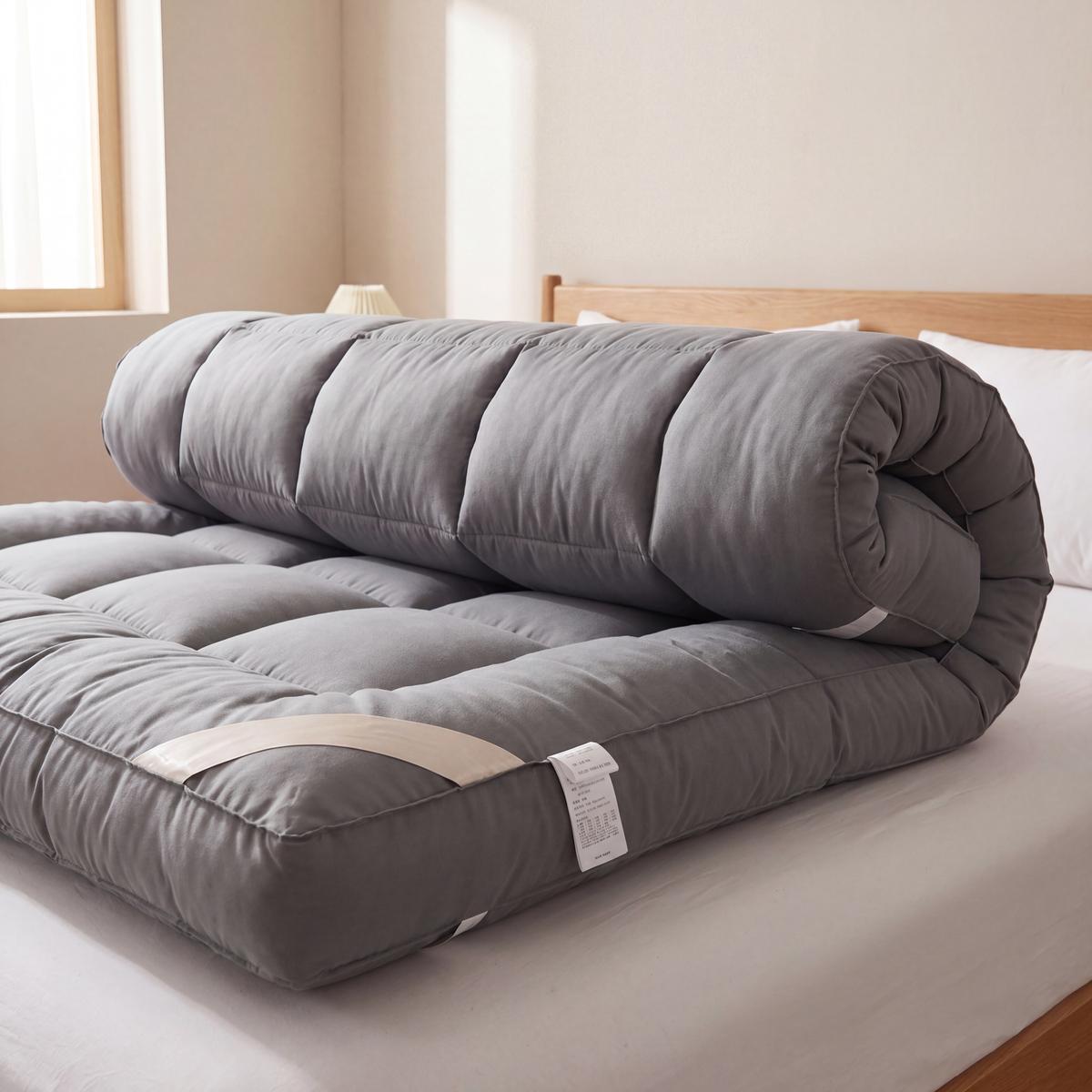 Gray mattress topper on a bed in a bedroom setting