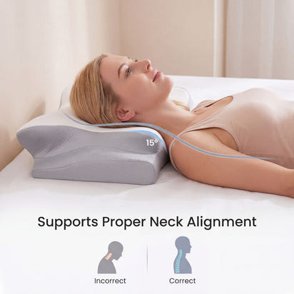 Woman lying on a bed with a neck support pillow, showing proper neck alignment.