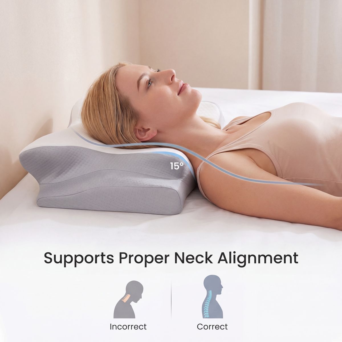 Woman lying on a bed with a neck support pillow, showing proper neck alignment.