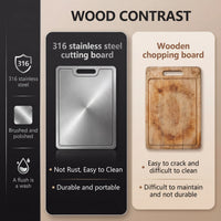 Comparison of 316 stainless steel cutting board and wooden chopping board with features highlighted.