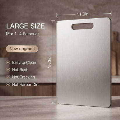 Large stainless steel cutting board with dimensions and features on a blurred kitchen background