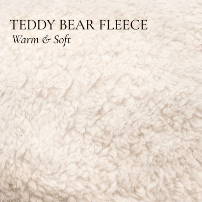 Close-up of teddy bear fleece fabric with text 'TEDDY BEAR FLEECE Warm & Soft' on a beige background.