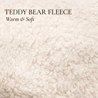 Close-up of teddy bear fleece fabric with text 'TEDDY BEAR FLEECE Warm & Soft' on a beige background.